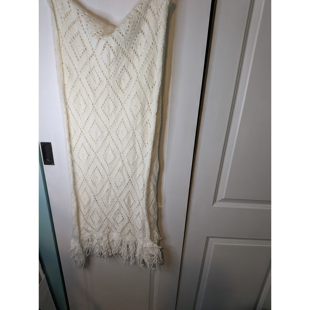 Cream Diamond Pointelle Open Knit Fringe Wrap Scarf Shawl Off White Boho
